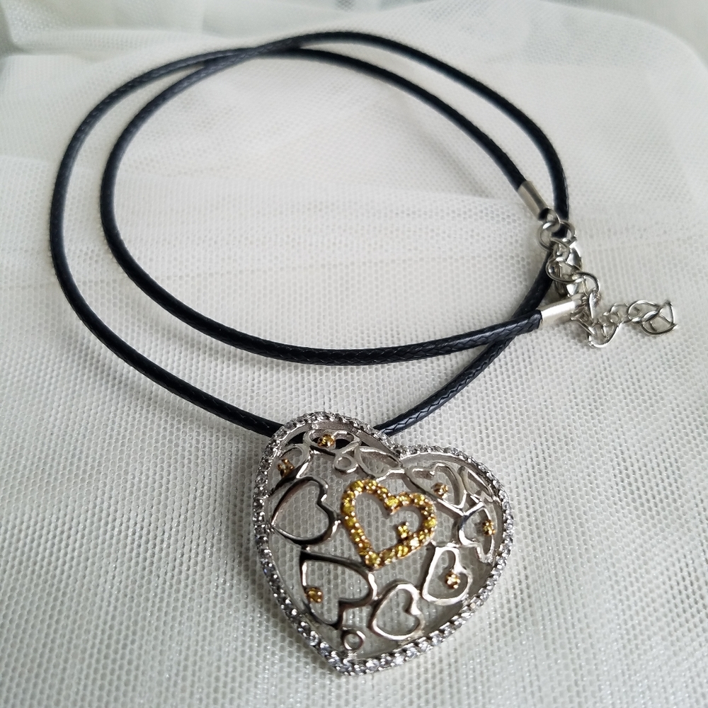 Two-tone Rhinestone Heart Pendant Choker Necklace on Black Leather Cord - Picture 4 of 5